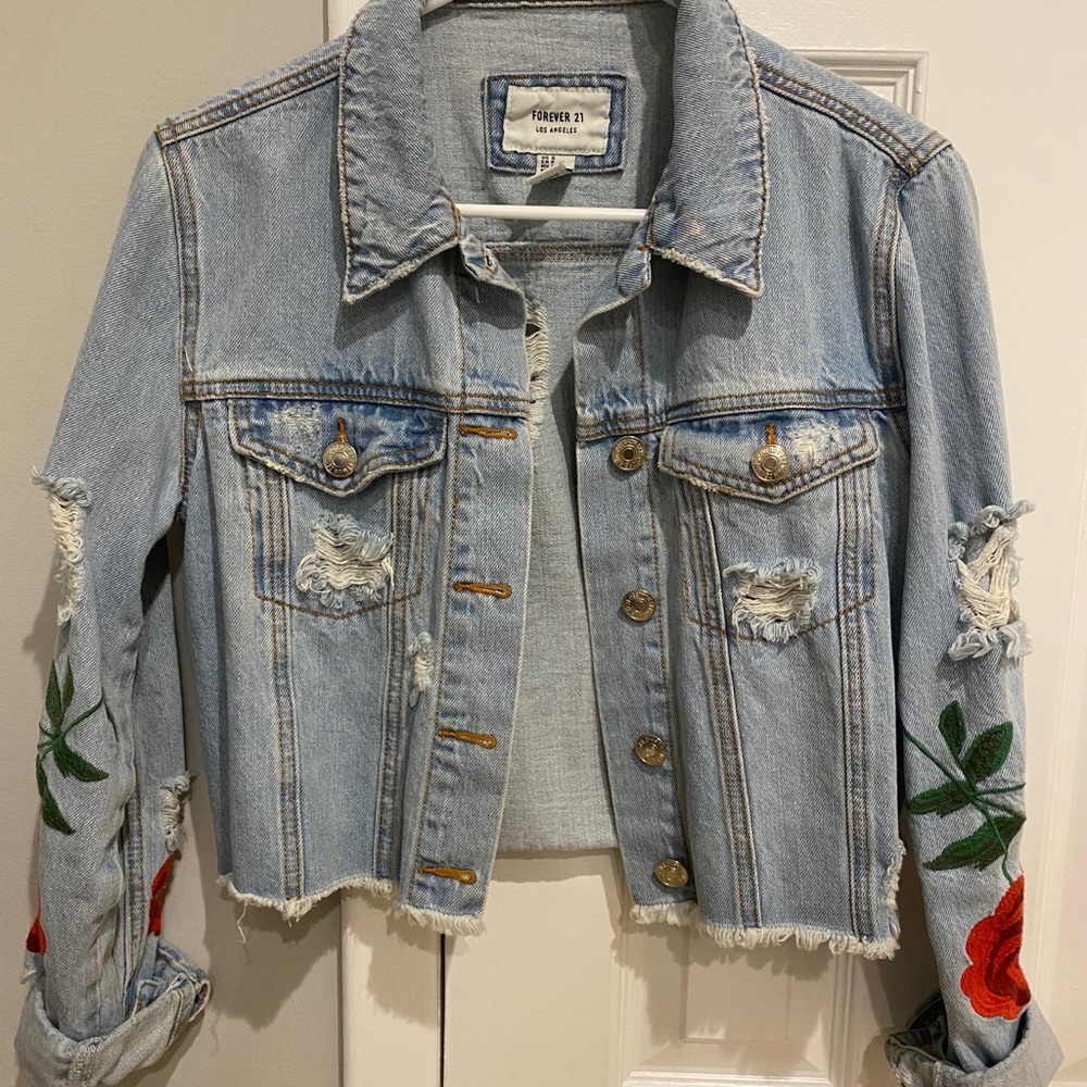cropped ripped jean jacket with roses